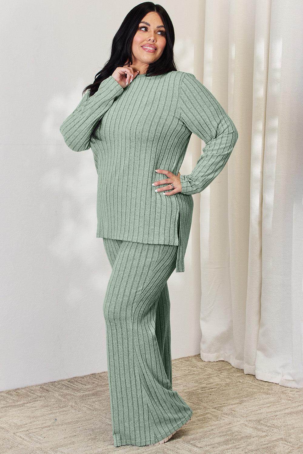 Basic Bae Full Size Ribbed High-Low Top and Wide Leg Pants Set - Selvanelle