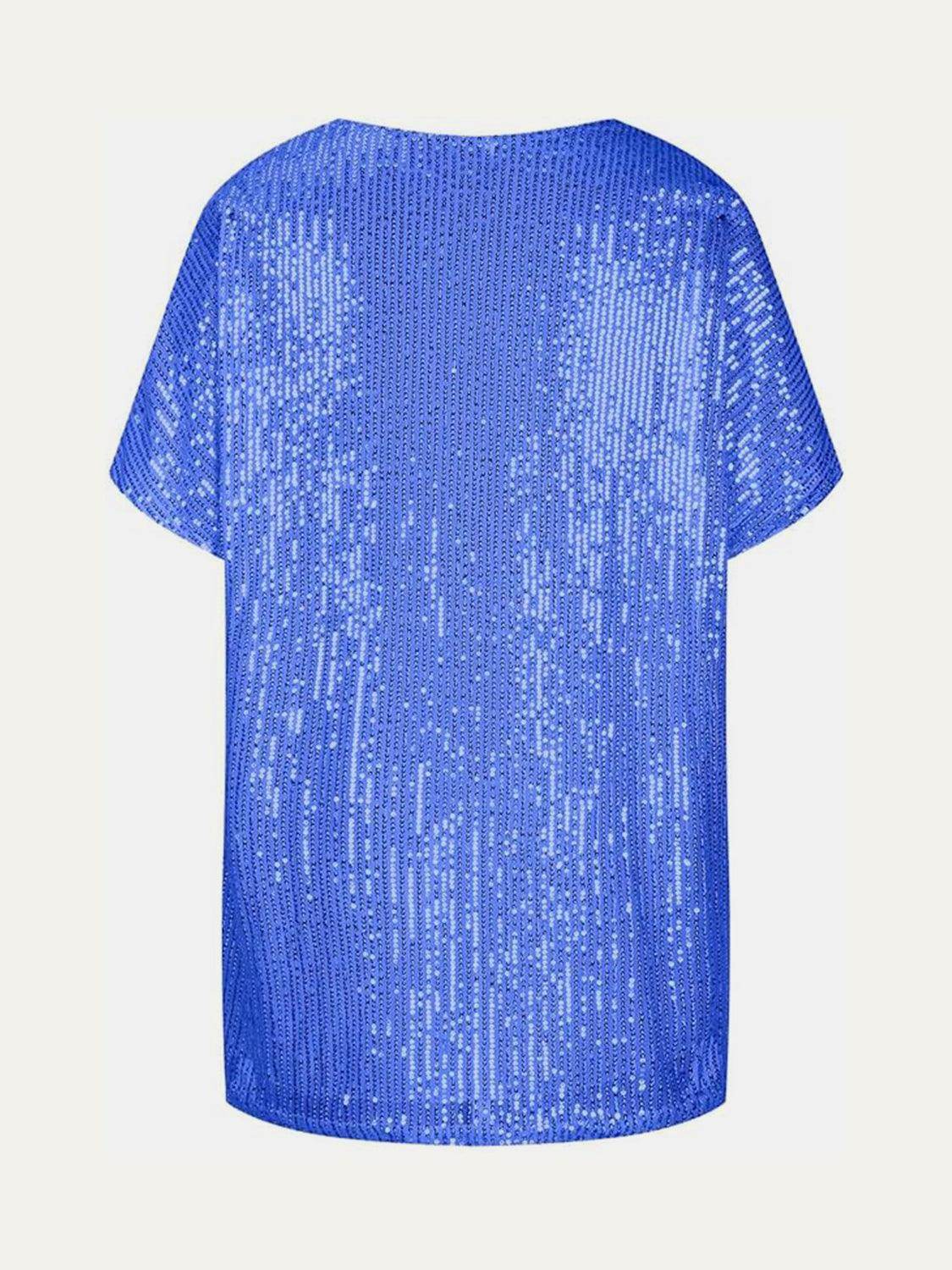 Full Size Sequin V-Neck Short Sleeve Top for Women - Selvanelle