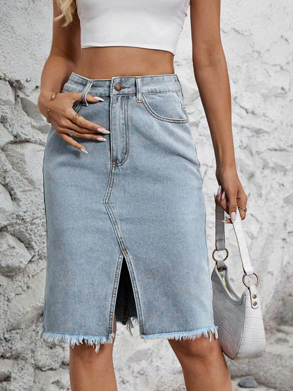 Raw Hem Slit Denim Skirt for Trendy Casual Wear - Selvanelle