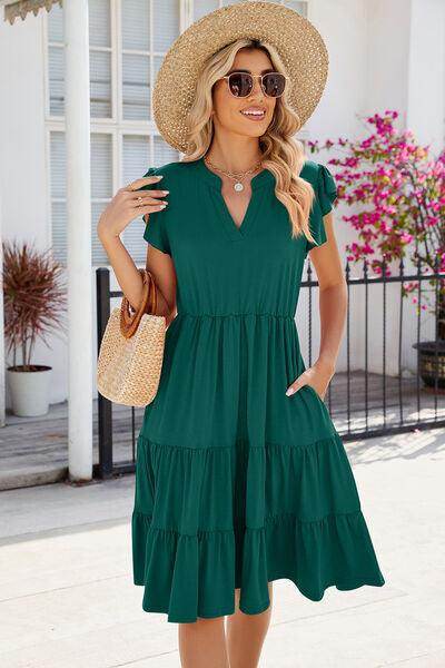 Ruched Notched Cap Sleeve Dress with Pockets and Stretch - Selvanelle