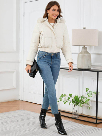 Pocketed Long Sleeve Cropped Hooded Winter Coat for Women - Selvanelle