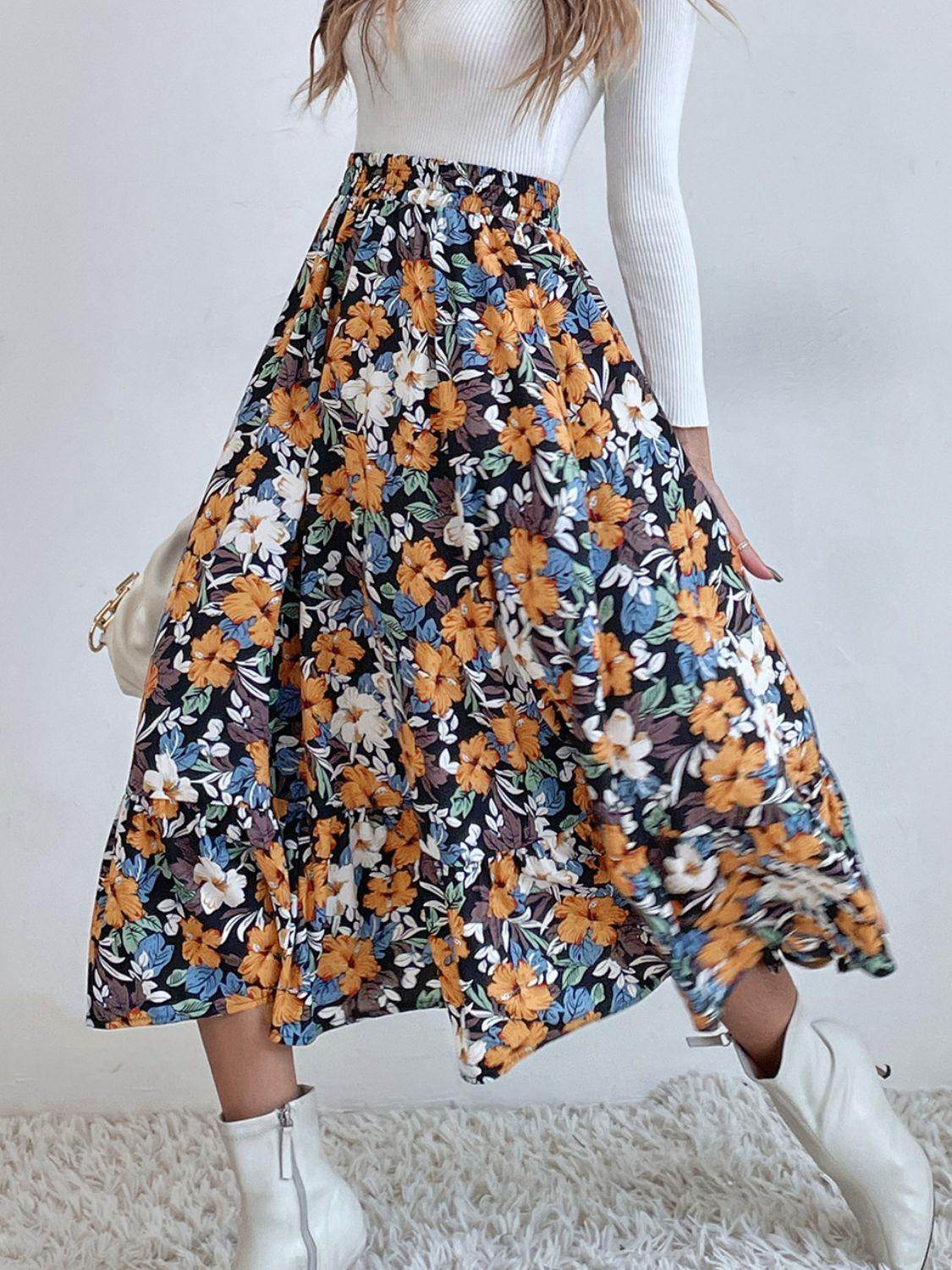 Stylish Printed Elastic Waist Midi Skirt for Everyday Wear - Selvanelle