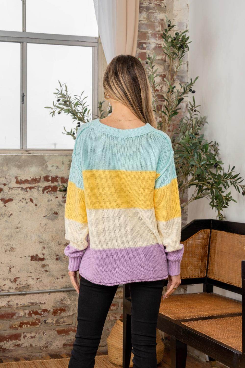 Sew In Love Full Size Color Block Exposed Seam Sweater - Selvanelle