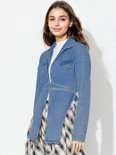 Asymmetric Slit Collared Neck Long Denim Top for Women - Selvanelle