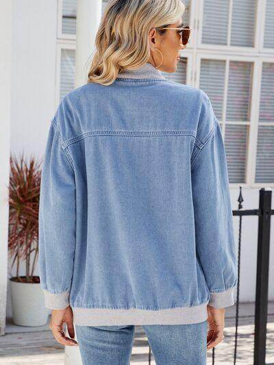 Pocketed Zip Up Baseball Collar Denim Jacket for Women - Selvanelle