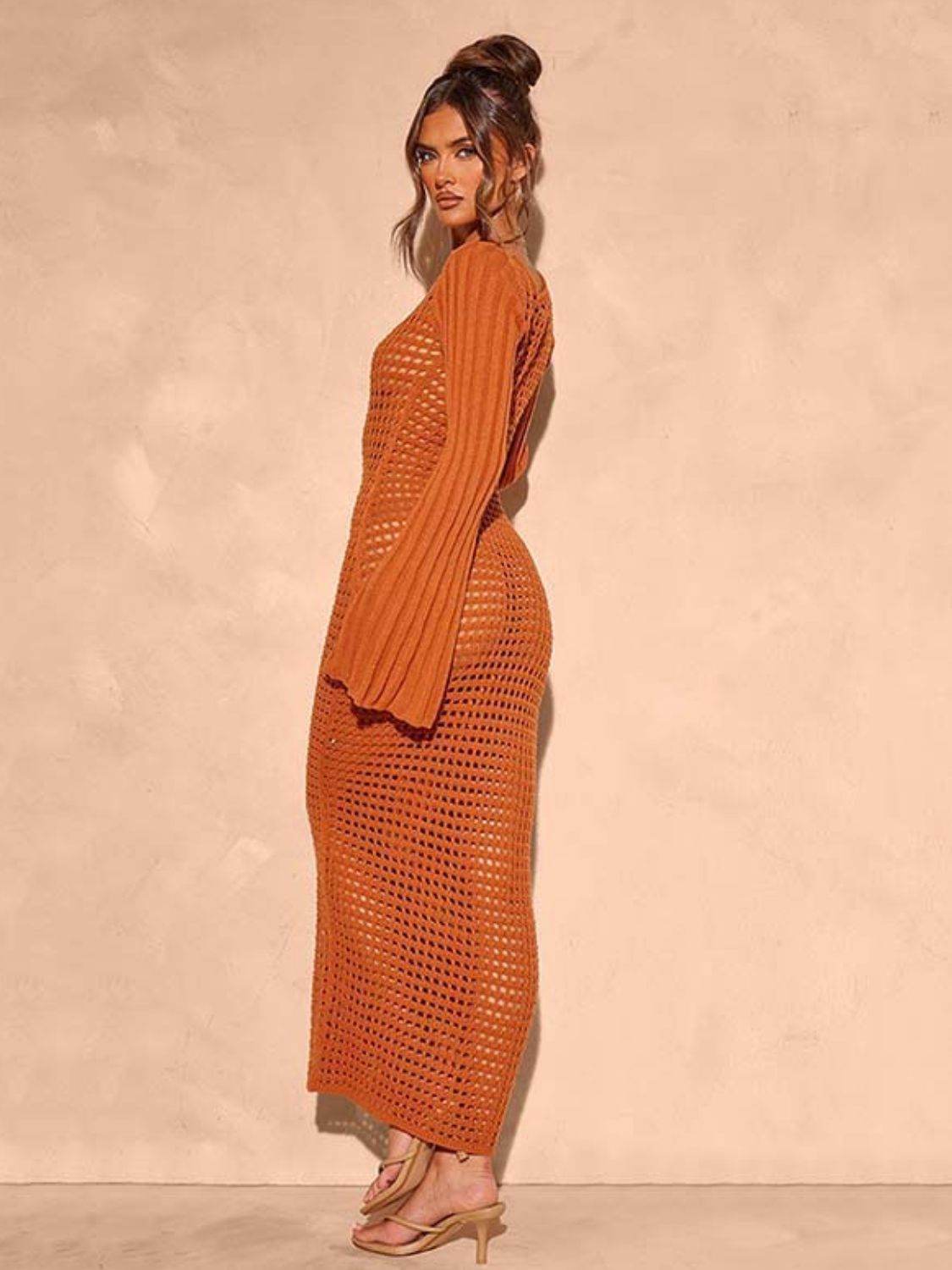 Openwork Square Neck Flare Sleeve Cover-Up Dress - Selvanelle