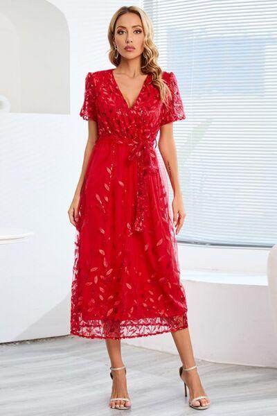 Sequin Leaf Embroidery Tie Front Short Sleeve Dress for Women - Selvanelle