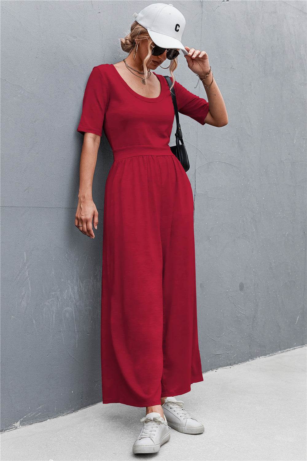 Scoop Neck Half Sleeve Wide Leg Jumpsuit - Selvanelle