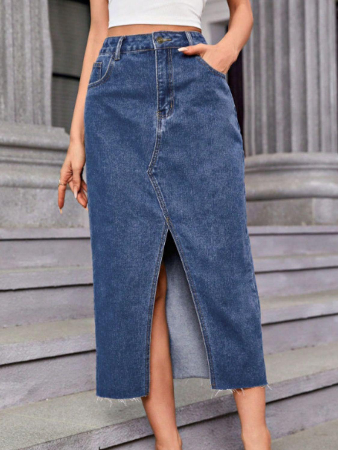 Slit Midi Denim Skirt with Pockets for Women Fashion