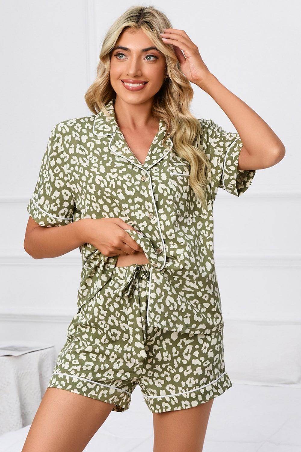 Full Size Leopard Short Sleeve Top and Shorts Lounge Set Plus Size - Selvanelle