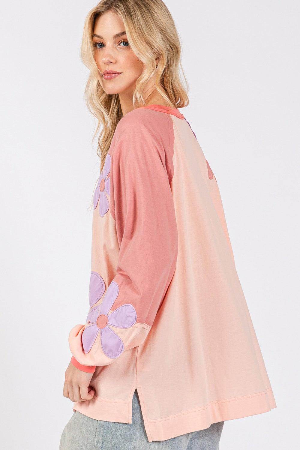 SAGE + FIG Full Size Daisy Applique Patch Long Sleeve Top - Selvanelle