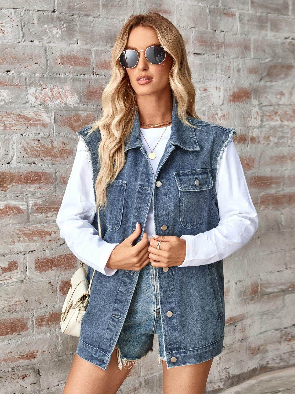 Raw Hem Sleeveless Button Up Denim Jacket for Women - Selvanelle