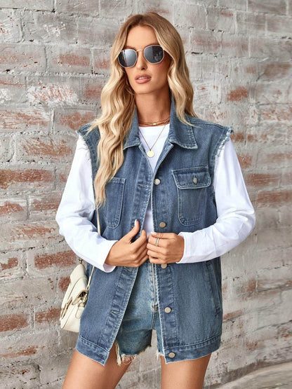 Raw Hem Sleeveless Button Up Denim Jacket for Women - Selvanelle