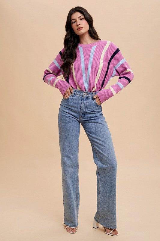 Annie Wear Chevron Stripe Round Neck Ribbed Sweater for Women - Selvanelle
