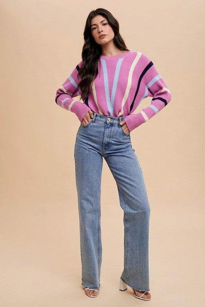 Annie Wear Chevron Stripe Round Neck Ribbed Sweater for Women - Selvanelle