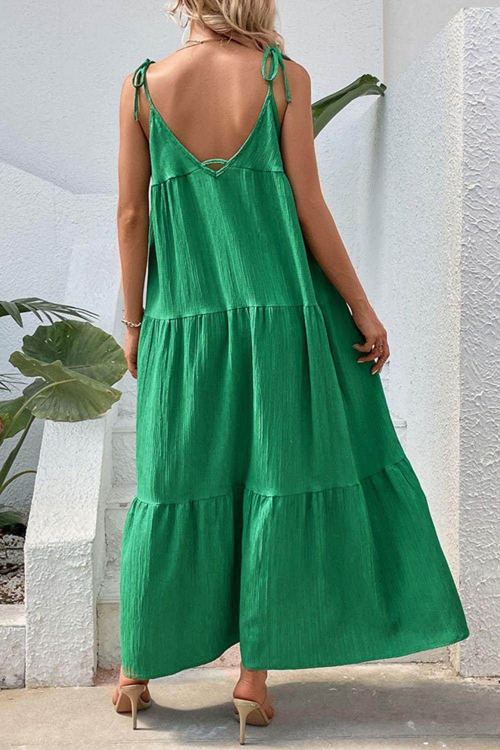 Perfee Tie-Shoulder Tiered Maxi Dress for Vacation Wear - Selvanelle