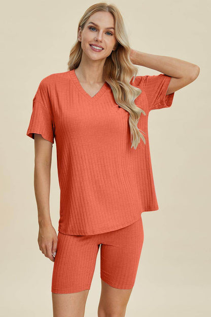 Basic Bae Full Size Ribbed V-Neck Top and Shorts Set For Women - Selvanelle