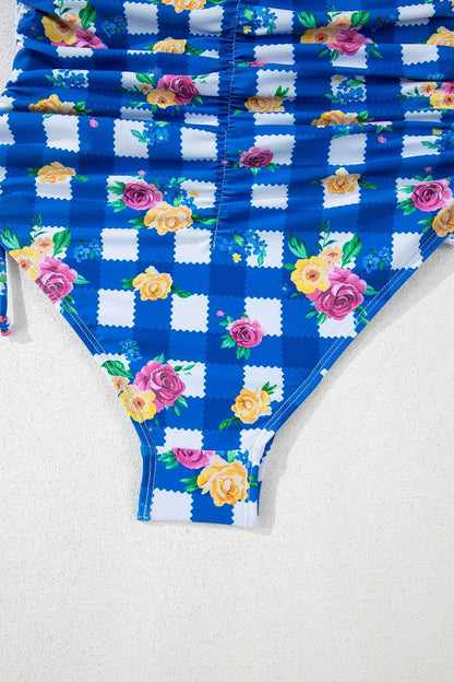 Floral Gingham Halter Neck Drawstring One Piece Swimwear - Selvanelle