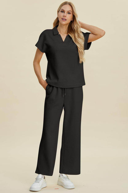 Double Take Full Size Collared Neck Short Sleeve Top Set - Selvanelle