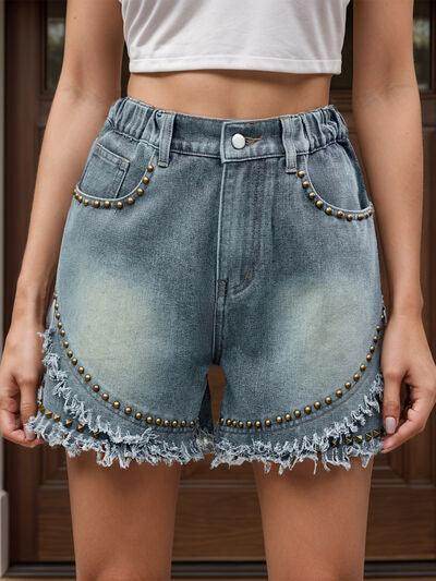 Raw Hem Studded Denim Shorts for Trendy Summer Style - Selvanelle