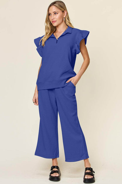 Double Take Texture Ruffle Short Sleeve Top and Pants Set - Selvanelle