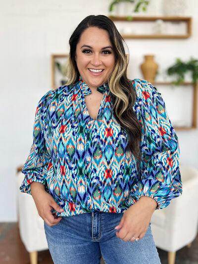 Double Take Full Size Printed Balloon Sleeve Blouse for Women - Selvanelle