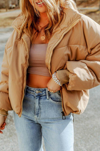 Zip Up Collared Neck Coat with Pockets for Women - Selvanelle