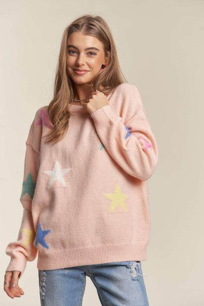 ADORA Stars Pattern Round Neck Drop Shoulder Sweater Style - Selvanelle