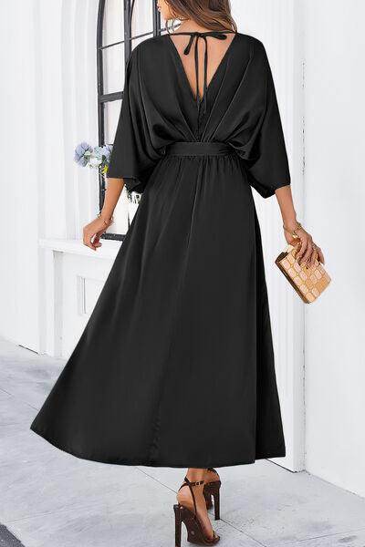 Devine Slit Tied V-Neck Three-Quarter Sleeve Dress for Women - Selvanelle