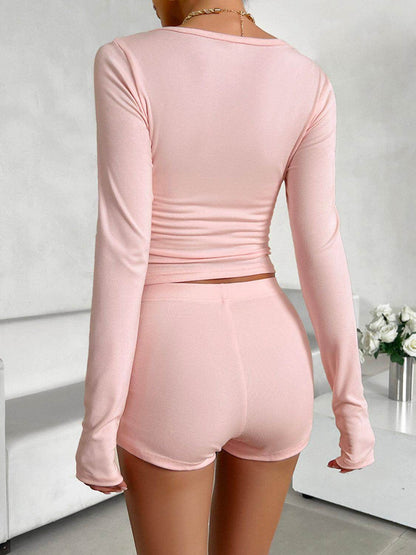 Devine Scoop Neck Long Sleeve Top and Shorts Set for Women - Selvanelle