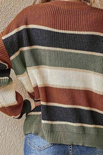 Contrast Striped Round Neck Long Sleeve Sweater for Women - Selvanelle