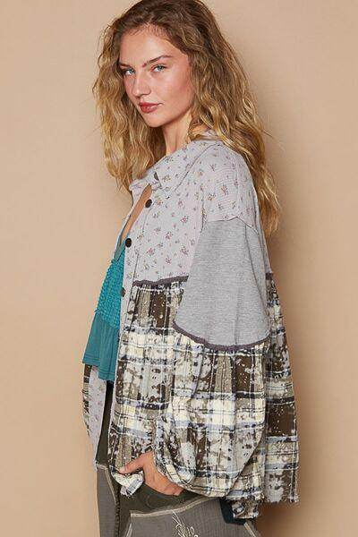 POL Balloon Sleeve Floral Color Block Plaid Shirt for Women - Selvanelle