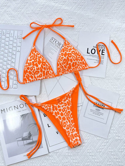 Leopard Print Halter Neck Tie Side Bikini Set - Selvanelle