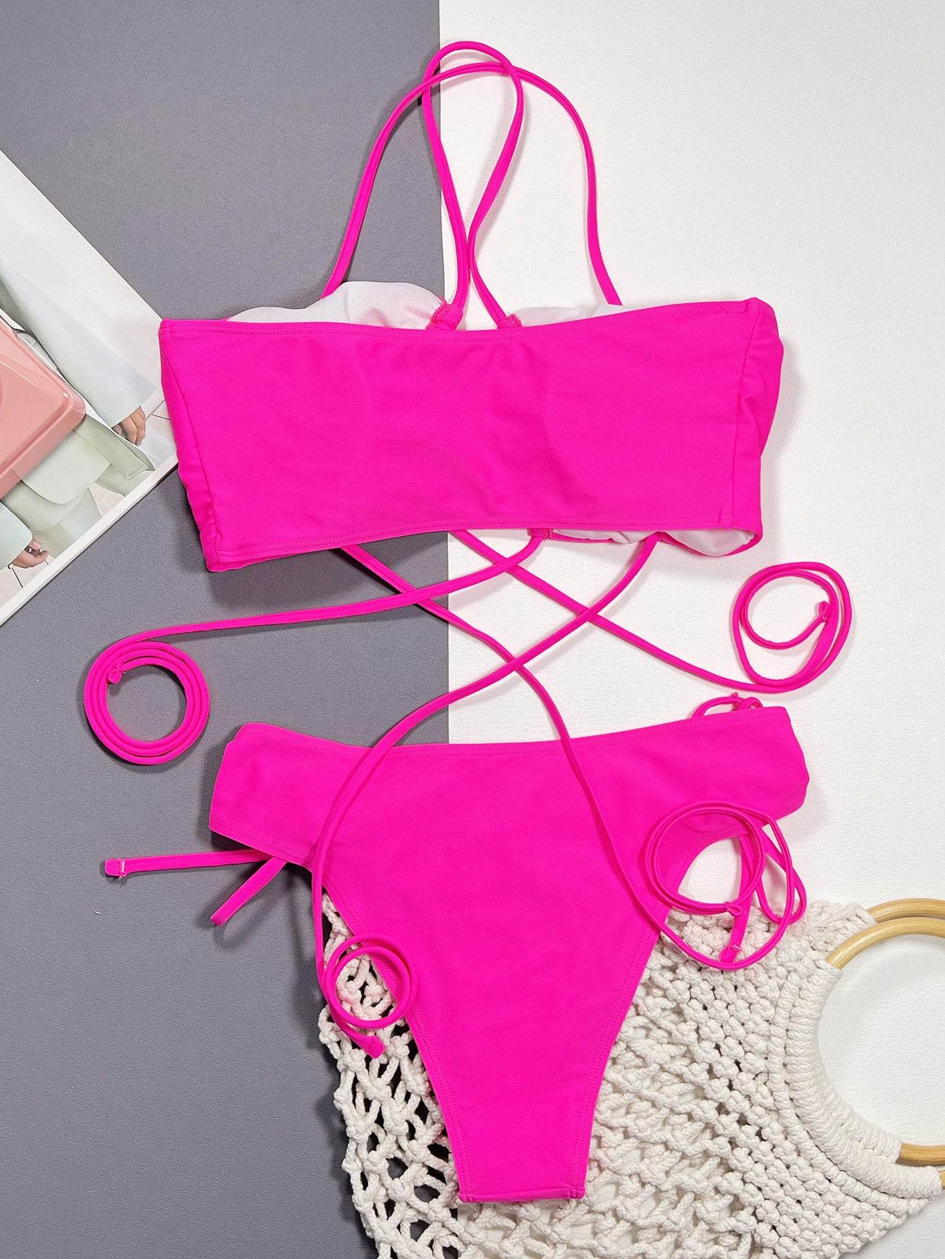 Halter Neck Drawstring Detail Bikini Set - Selvanelle