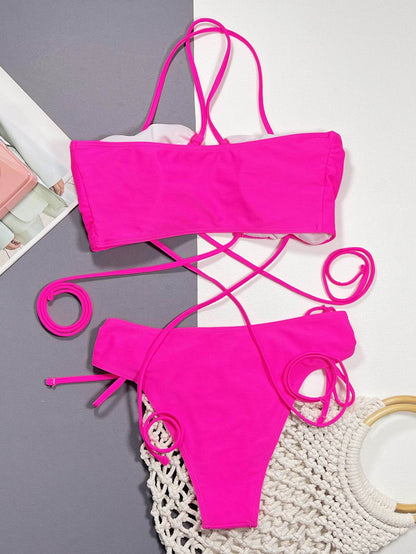 Halter Neck Drawstring Detail Bikini Set - Selvanelle