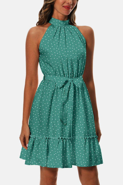 Printed Tie Waist Frill Trim Dress for Chic Summer Style - Selvanelle