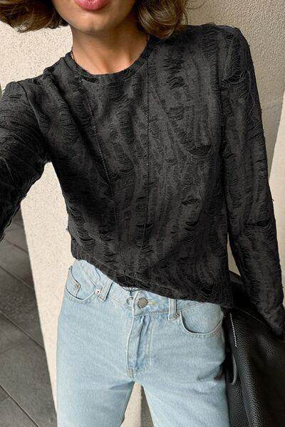Distressed Round Neck Long Sleeve Blouse for Women Stylish - Selvanelle