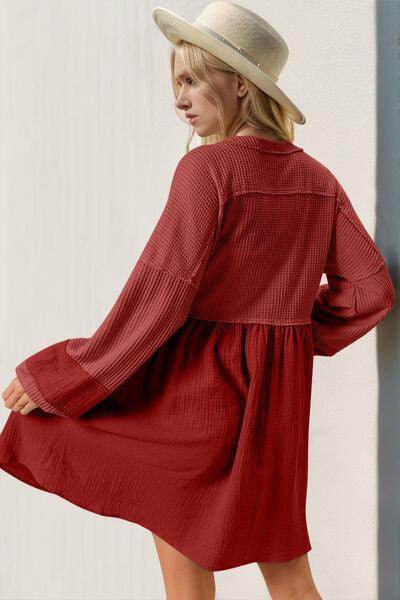 Double Take Waffle-Knit Contrast Half Button V-Neck Dress - Selvanelle