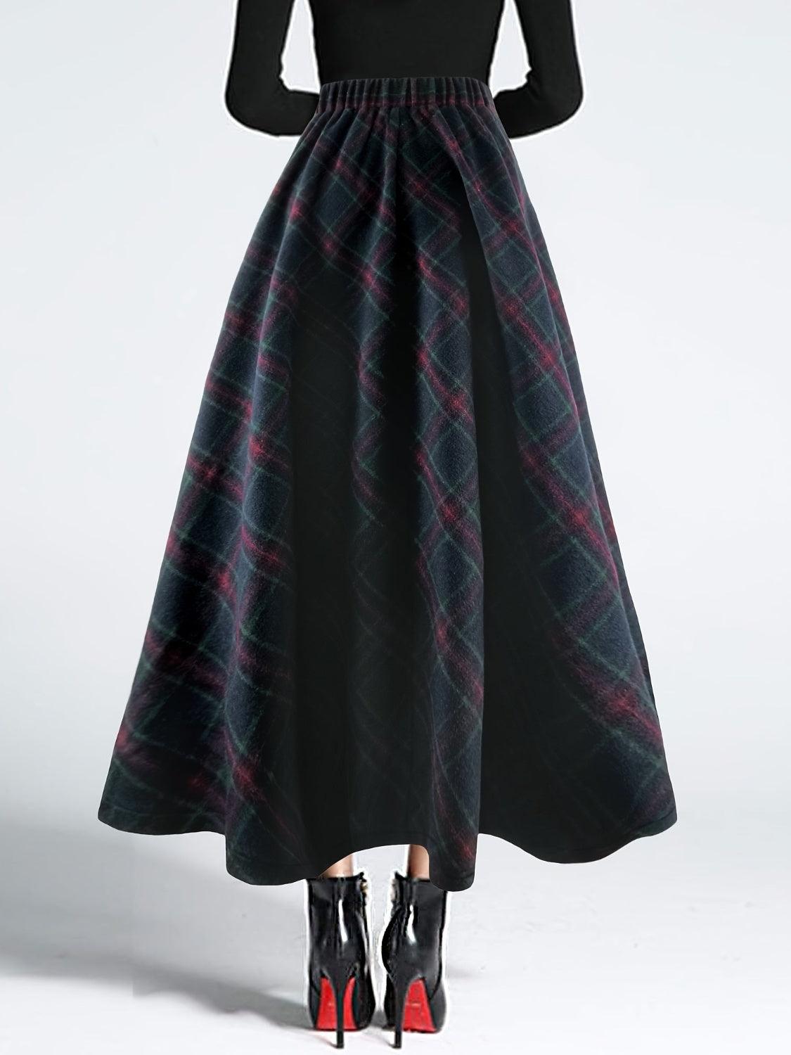 Plaid Elastic Waist Midi Skirt for Women in Various Sizes