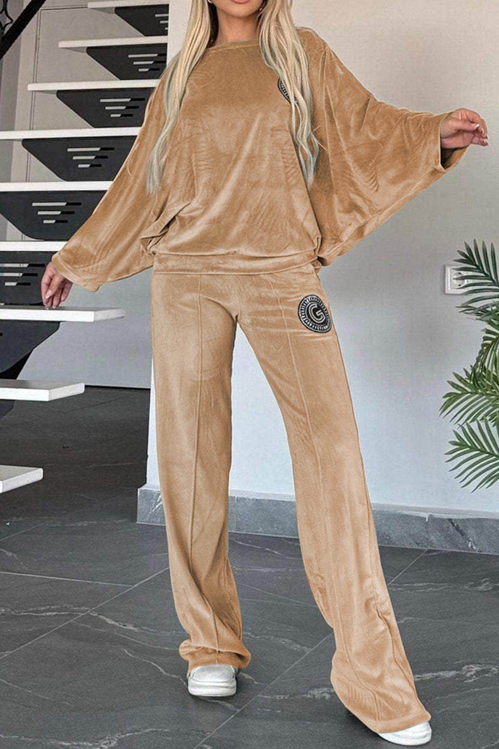 Full Size Boat Neck Long Sleeve Top and Pants Set Outfit - Selvanelle