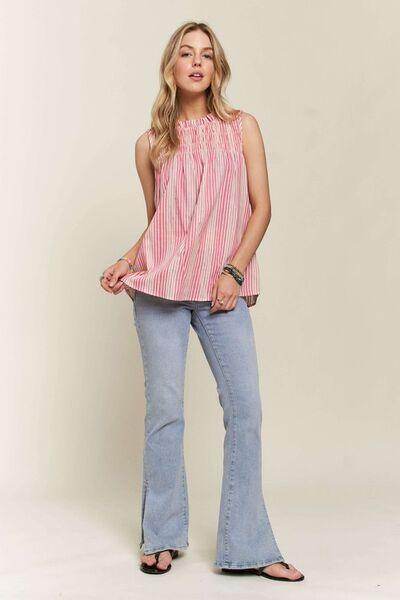 ADORA Contrast Striped Frill Round Neck Sleeveless Top for Women - Selvanelle