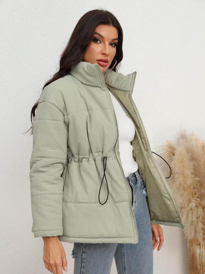 Drawstring Waist Zip-Up Puffer Jacket for Women Stylish Warmth - Selvanelle