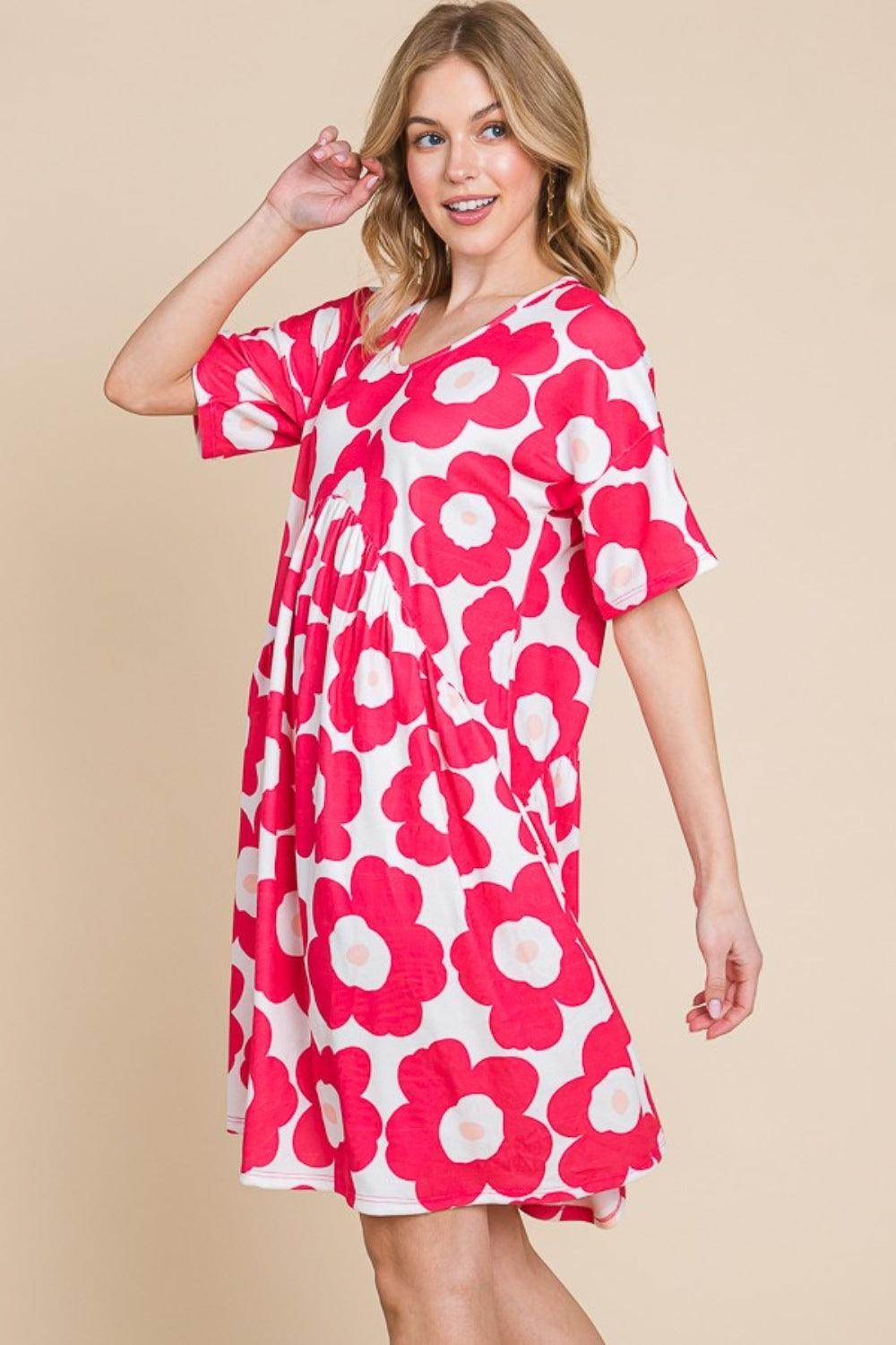 BOMBOM Flower Print Ruched Dress for Stylish Everyday Wear - Selvanelle