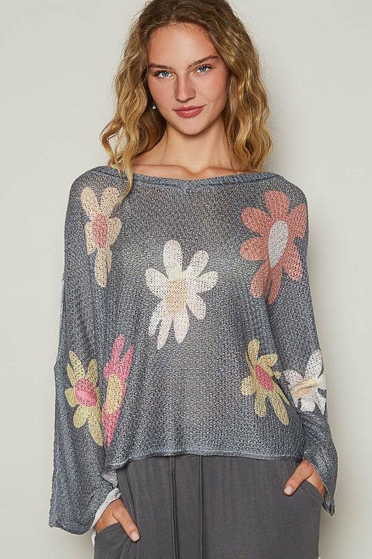 POL Flower Dropped Shoulder Long Sleeve Knit Top for Women