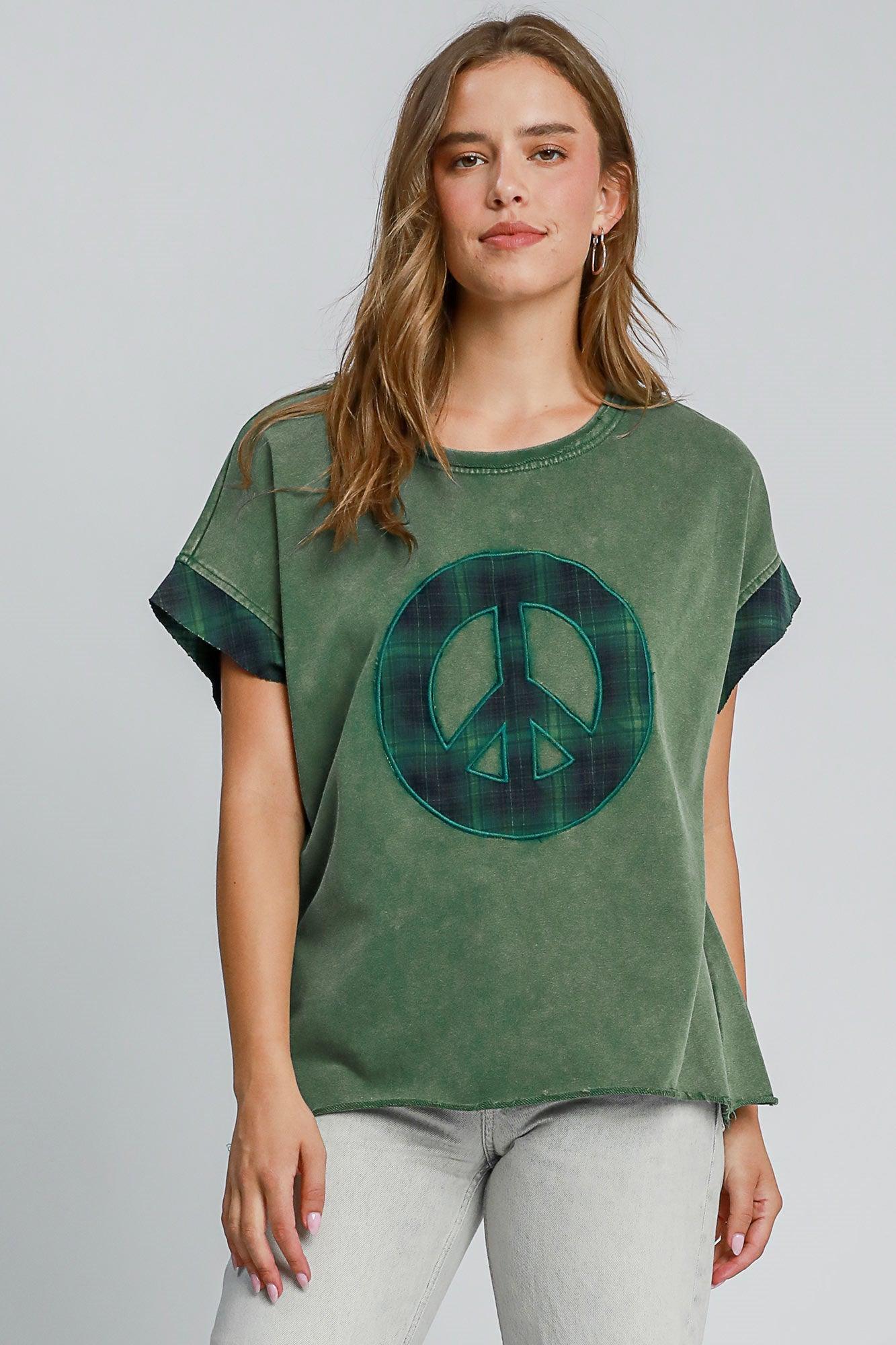 Umgee Peace Applique Round Neck French Terry Top for Women