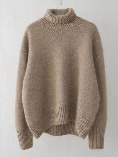 Turtleneck Dropped Shoulder Long Sleeve Sweater for Women - Selvanelle