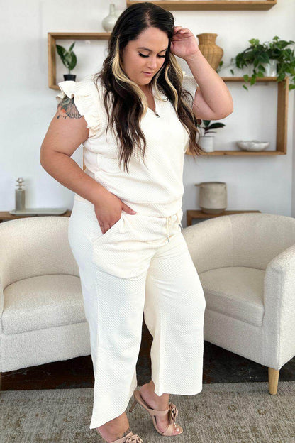Double Take Texture Ruffle Short Sleeve Top and Pants Set - Selvanelle