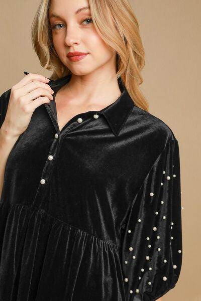 Umgee Pearl Detail Half Sleeve Velvet Babydoll Blouse - Selvanelle