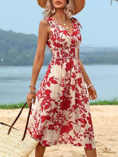 Perfee Smocked Printed Surplice Midi Dress for Women - Selvanelle
