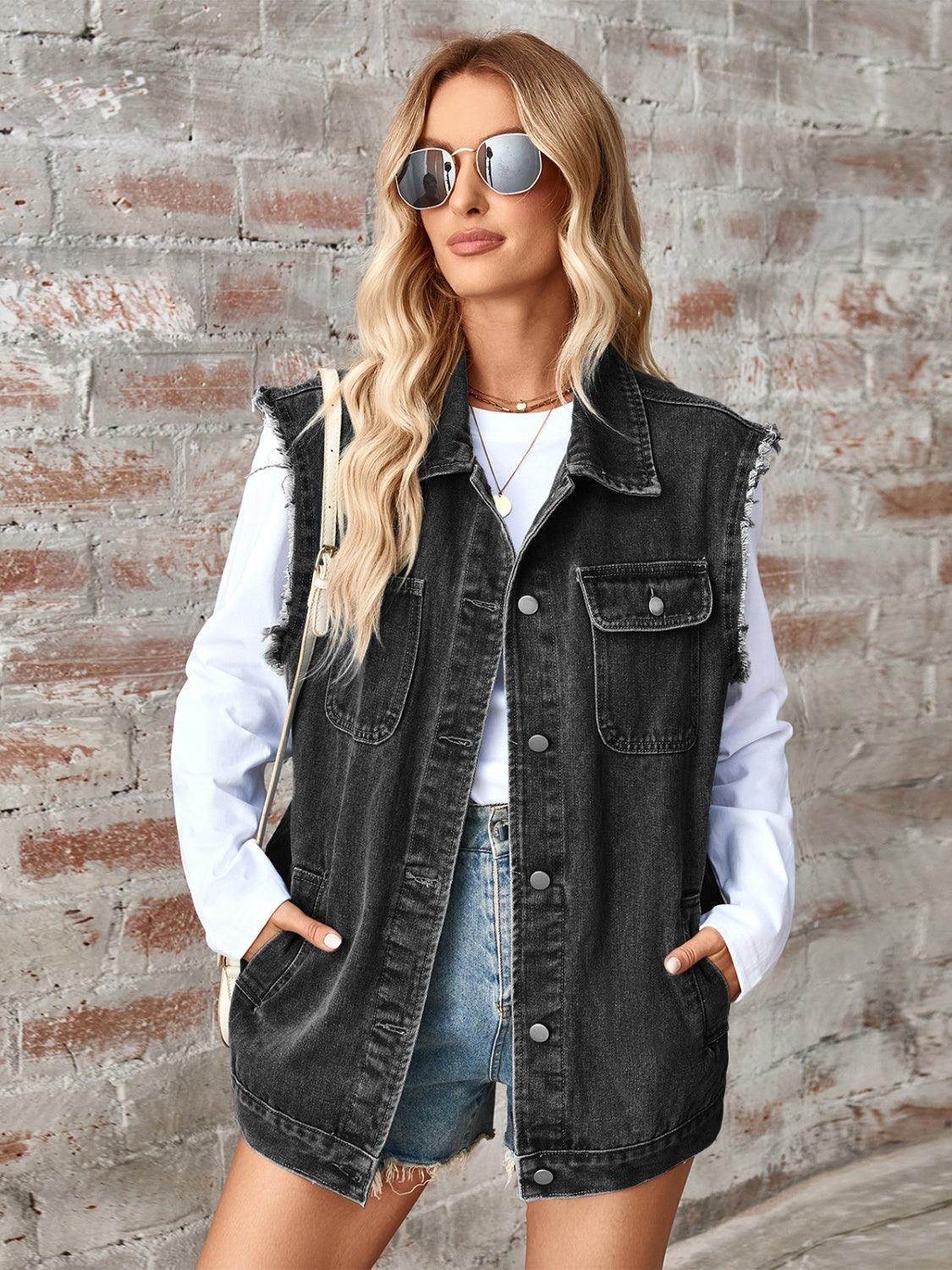 Raw Hem Sleeveless Button Up Denim Jacket for Women - Selvanelle